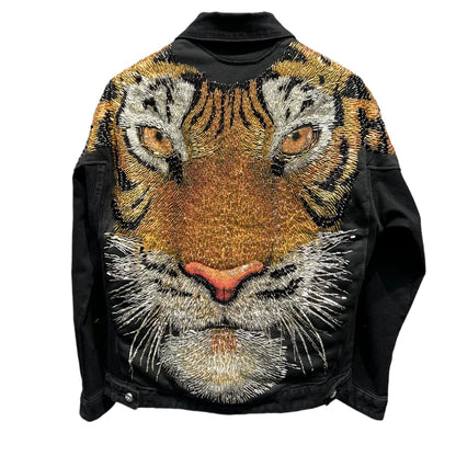 Fashion Tiger Beaded Denim Jacket Men's