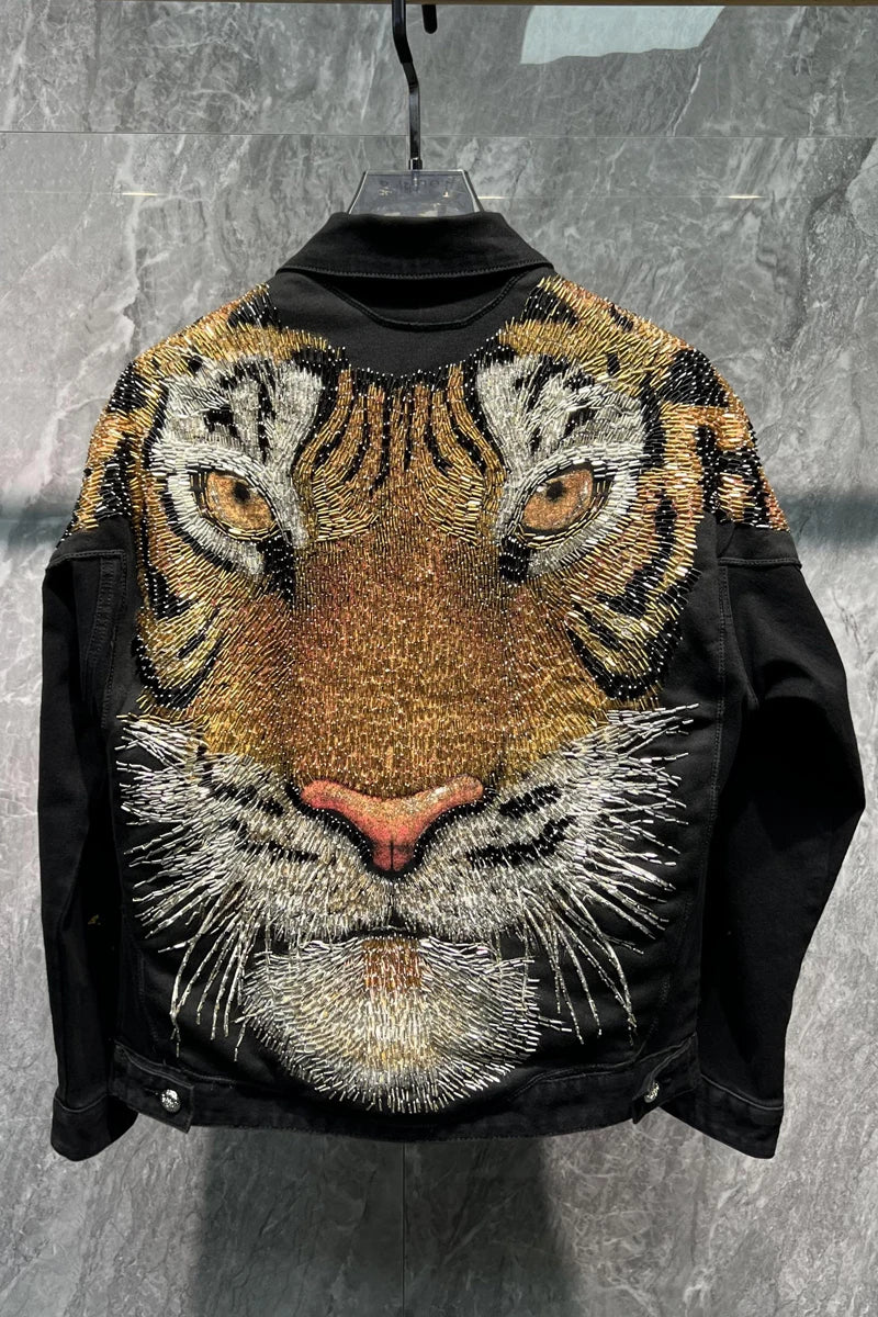 Fashion Tiger Beaded Denim Jacket Men's