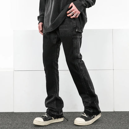 black grey laser men's pants flare stacked