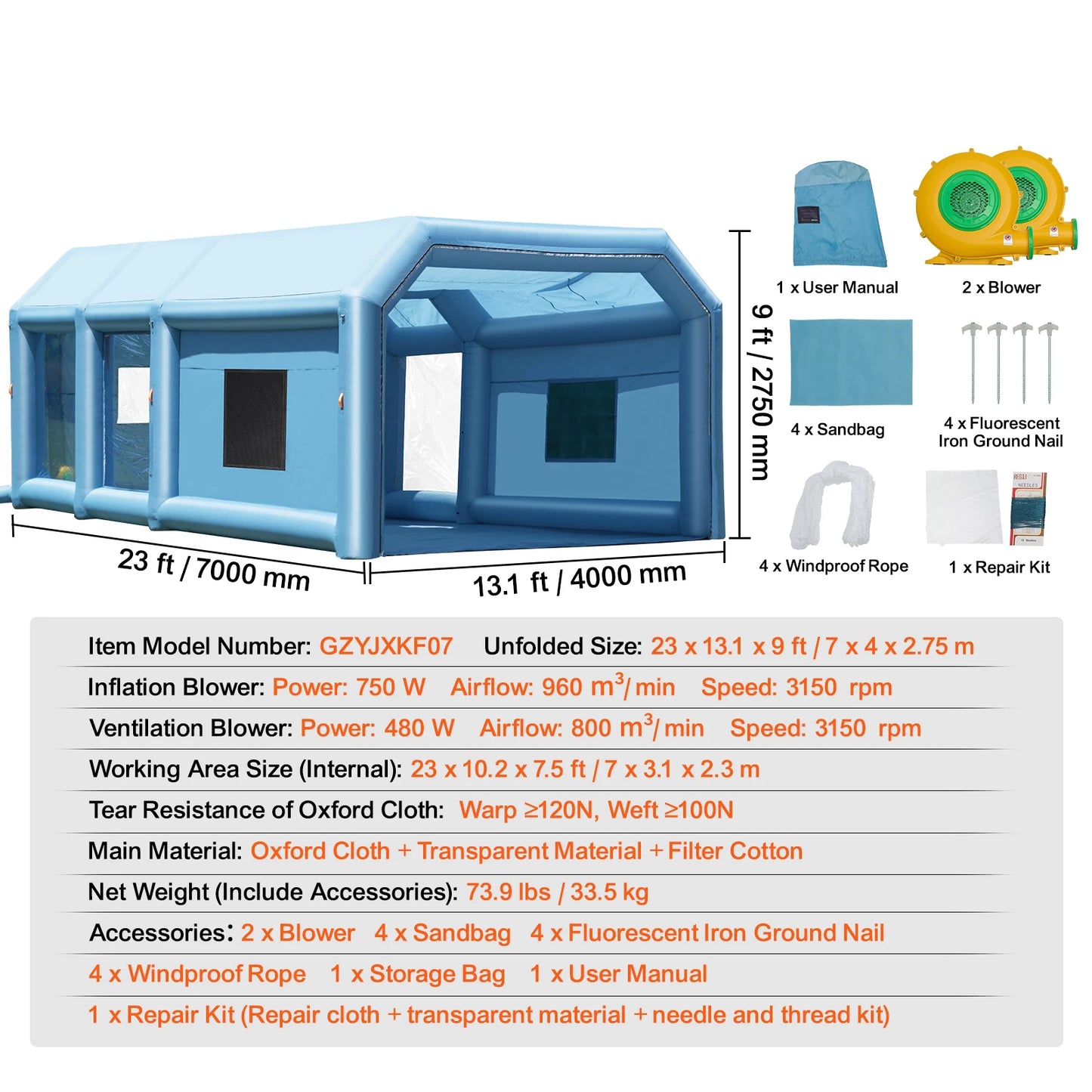 Inflatable Spray Booth with Powerful Blowers and Air Filter System Portable Car