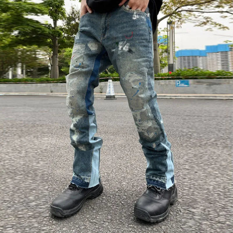 Patchwork Ripped Flare Pants Men