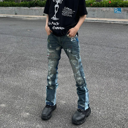 Patchwork Ripped Flare Pants Men