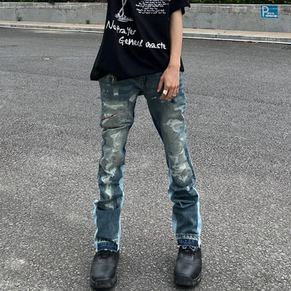 Patchwork Ripped Flare Pants Men