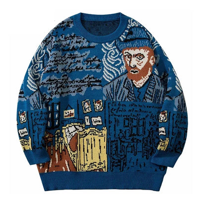 Knitted Sweater Men Van Gogh Graffiti