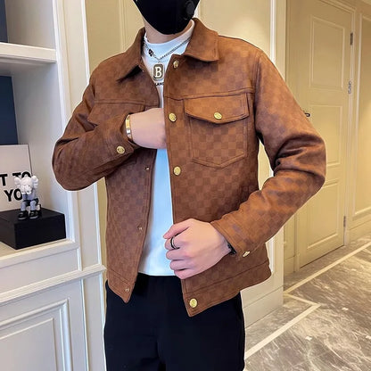 Suede Plaid Jacket for Men Lapel Slim Fit