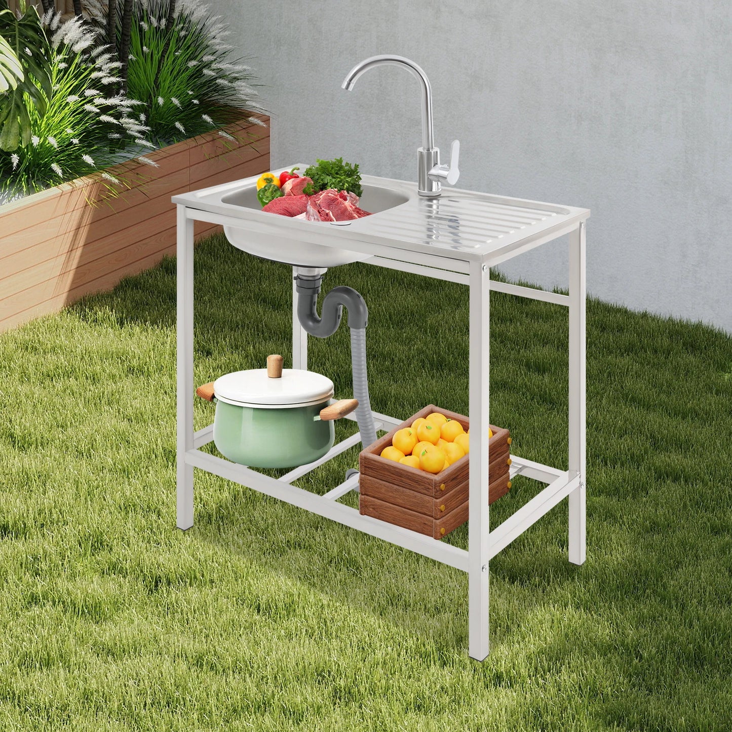 Kitchen Single Bowl Sink Free Standing Adjustable Faucet