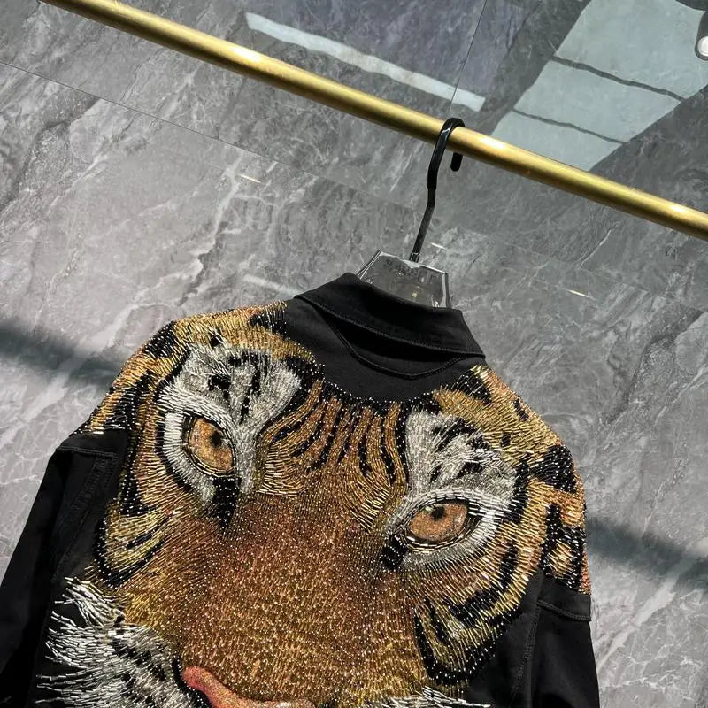 Fashion Tiger Beaded Denim Jacket Men's