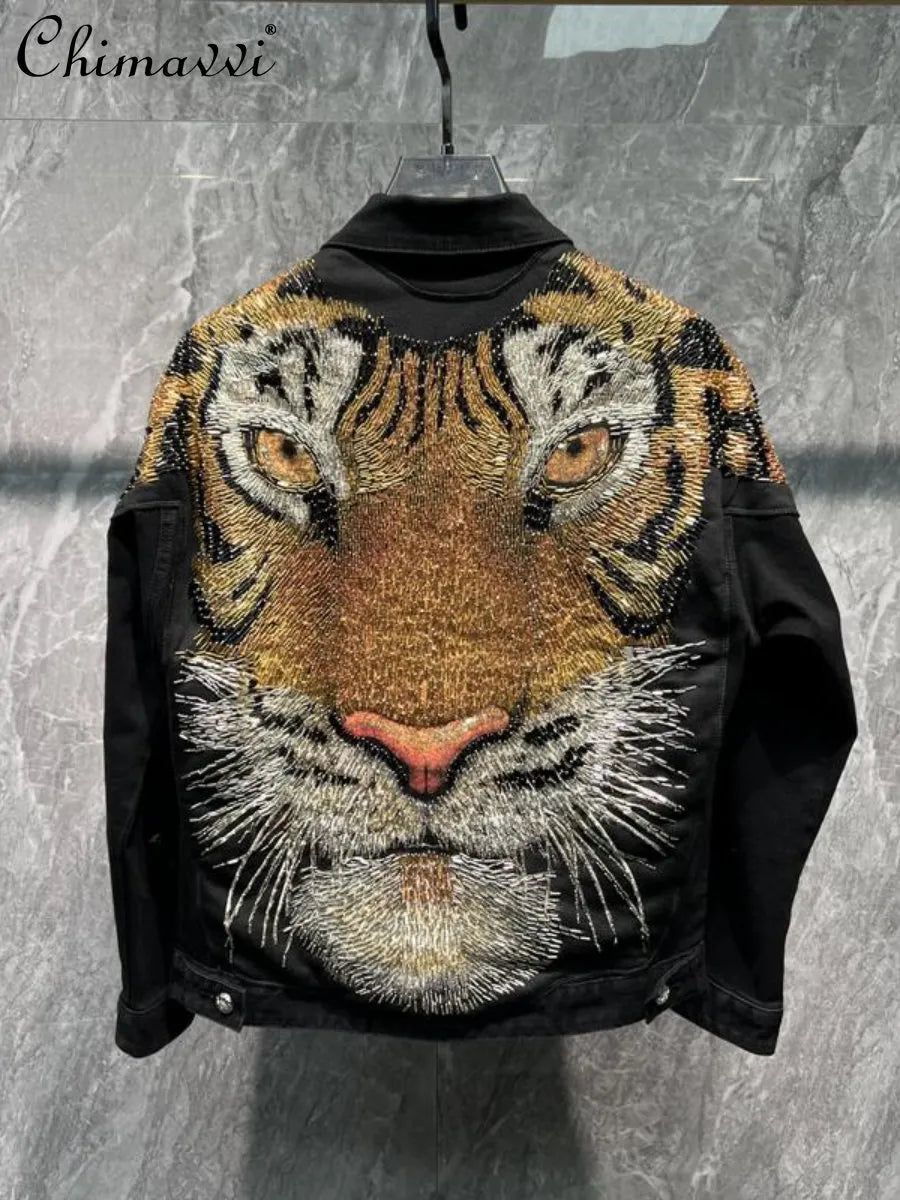 Fashion Tiger Beaded Denim Jacket Men's