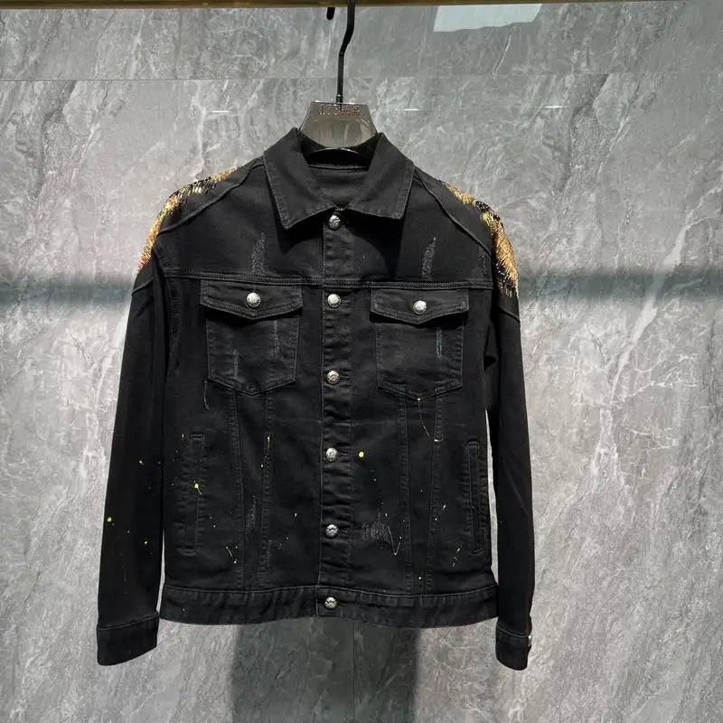 Fashion Tiger Beaded Denim Jacket Men's