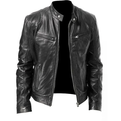 Mens Leather Jacket Slim Fit Stand Collar