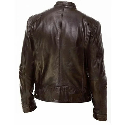 Mens Leather Jacket Slim Fit Stand Collar