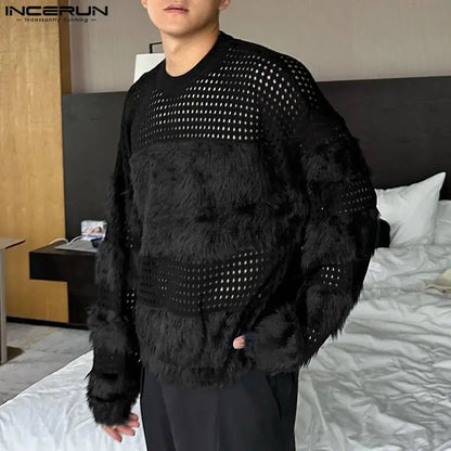 Men T Shirt Patchwork Hollow Out O-neck