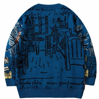 Knitted Sweater Men Van Gogh Graffiti