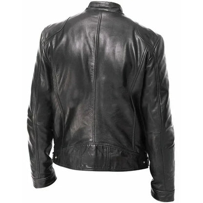 Mens Leather Jacket Slim Fit Stand Collar