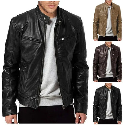 Mens Leather Jacket Slim Fit Stand Collar