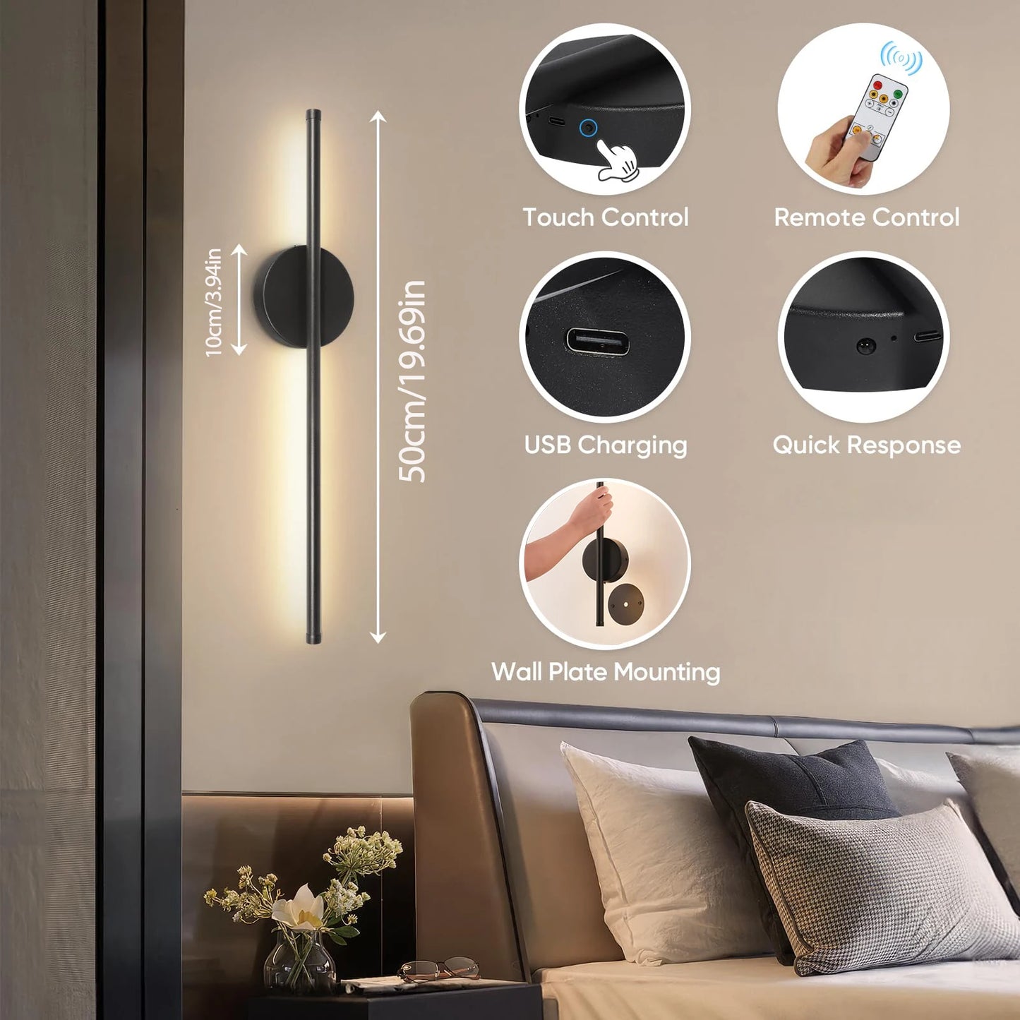 LED Rechargeable Wall Light 1PC 50CM  Wall Decor Lamp