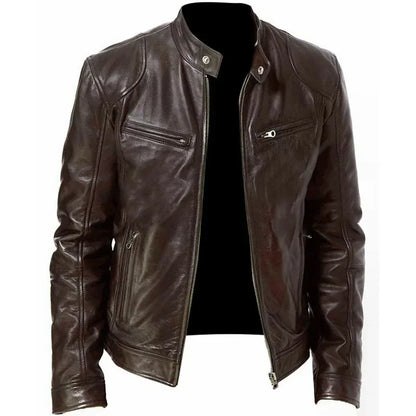 Mens Leather Jacket Slim Fit Stand Collar