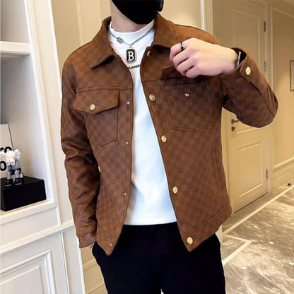 Suede Plaid Jacket for Men Lapel Slim Fit